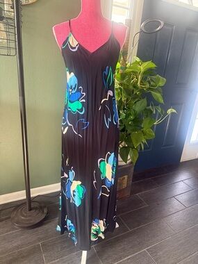 GAP Black Maxi Slip Dress with Blue, Green & Cream Floral Print